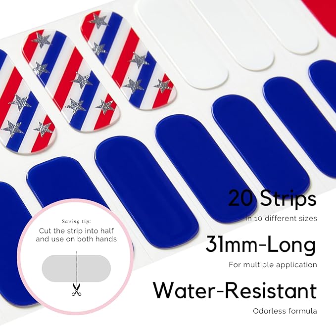 July 4 Semi Cured Gel Nail Strips - NAILOG 20 Pcs Nail Stickers Extra Long Wraps with Glossy Gel Finishing for Independence Day, Born to Star