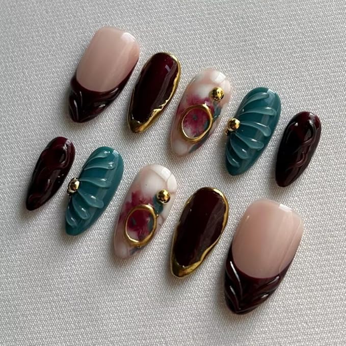Press On Nails - Handmade Medium Length Almond Fake Nails, Brown Rendering Painting Design, Reusable Artificial Almond False Nails for Women 10 Pcs Acrylic Nails Kit (Size L)