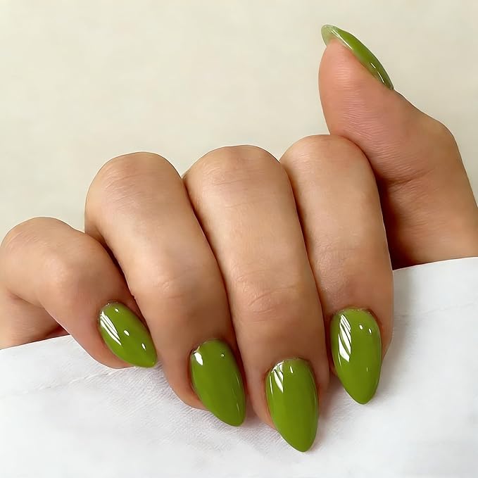 Chrome Sage Green Press on Nails Short Almond, Glazed Cute Fake Nails with Sparkle Mirror Design, Shiny Glitter Glue on Nails Stiletto, Gel Nail Press ons with Glue for Fingernail 30 Pcs