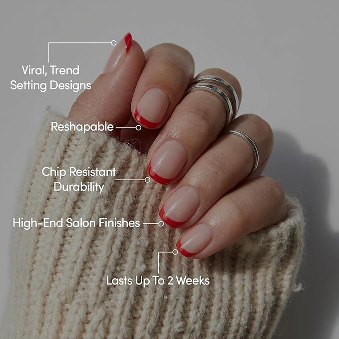 Valentines Day Glamnetic Press On Nails - Hotline Red | Super Short Fake Nails in Fiery Red French Tips on Semi-Transparent Base in a Glazed Finish | 15 Sizes - 30 Nail Kit with Glue