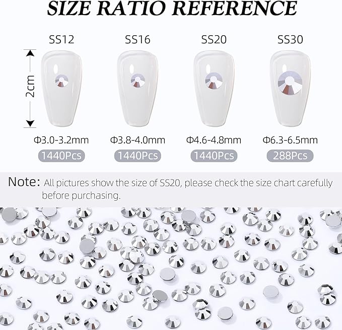 Silver Flatback Rhinestones, Glass Rhinestones for Nail Art and Craft, Glue Fix, Loose Crystal Gemstones(Silver, SS12, 1440pcs, 2.9-3.0mm)