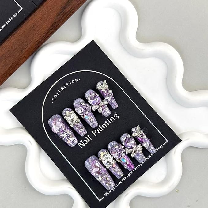100% Handmade Press on Nails Diamond Long Coffin Fake Nails Purple Glitter False Nails with Rhinestone Design Silver Butterfly Nail Charms Glue on Nails Handmade Nail Press ons for Women Size L
