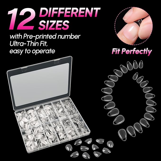 AIMEILI Short Almond Nail Tips, 504Pcs Pre-Shape Clear Short Nails Press On Nail Fake Nails for Nail Extension Full Cover False Nails Gelly Tips DIY Nail Salon 12 Sizes