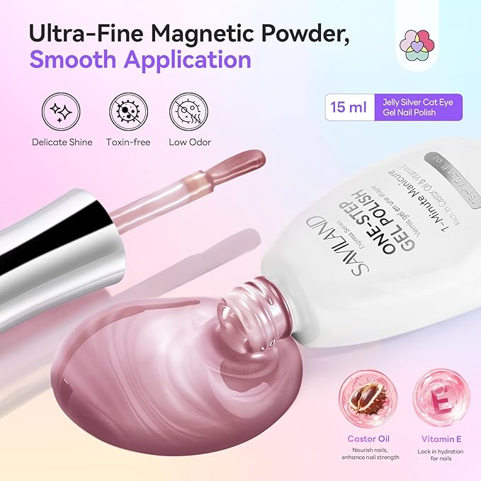 SAVILAND One-Step Gel Nail Polish Kit: Lilac Haze 5-In-1 Cat Eye Gel Polish with U V LED Nail Lamp Magnet, Color & Base & Top In One Bottle Glassy Cateye Effect For Home DIY Art 15ML Gift