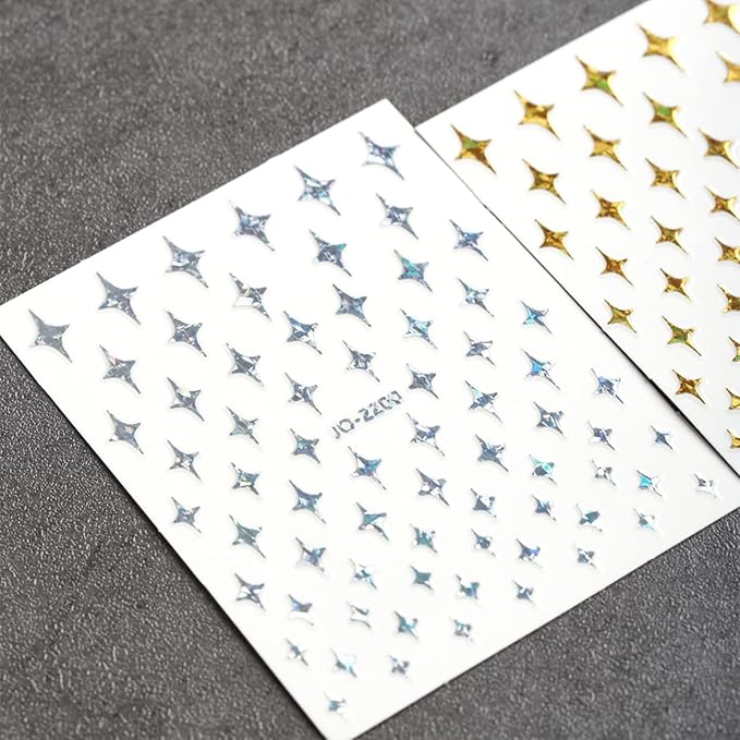 12 Colors Stars Nail Art Stickers, 3D Stars Self-Adhesive Sticker Design, Laser Gold Silver Red Black White Pink Yellow Green Four-Pointed Star Nail Transfer Decals for Women Manicure Decorations