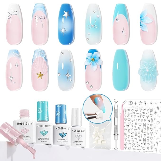 modelones Gel Nail Polish Kit White French Jelly Pink Winter Blue Ocean Gel Polish Set with 10 Pcs Nails Sponge for Ombre & Stickers, 4 Colors Gel Mini Salon Home DIY Trend Manicure Gift for Women