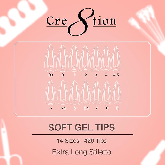 Cre8tion Soft Gel Nail Tips, Extra Long Stiletto Shape, 602 Tips in 14 Sizes (00-9) for Professional Nail Extensions