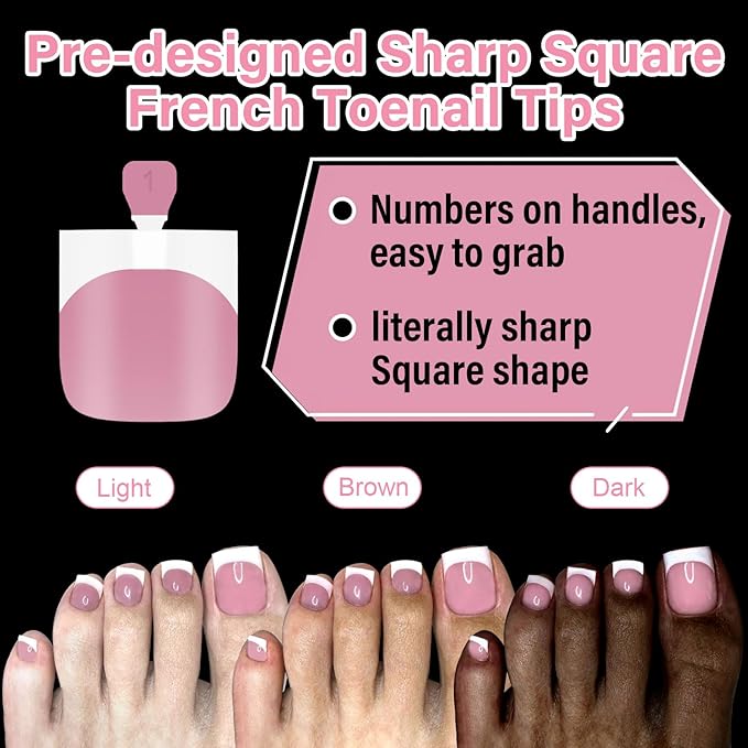 French Tip Press on Toenails Set, EBANKU 150PCS Berry Pink Sharp Square Toenail Press ons with Nail Glue& Nail Remover, Pre-Applied Primer & Base Coat Acrylic False Toe Nails Extension, 15 Sizes