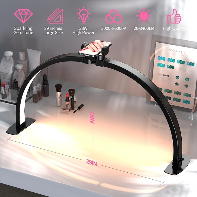 Professional Large Half Moon Light for Nail Desk with Phone Holder, Arch Light for Nail Techs for Manicure Table (Black, Large)