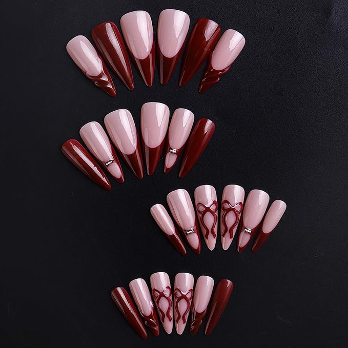 Christmas Press on Nails Long Stiletto MABKJLF Red French Tip Fake Nails 3D False Nails with Bow Ball Designs Glossy Glue on Nail Winter Full Cover Acrylic Nails for Women Girls 24Pcs