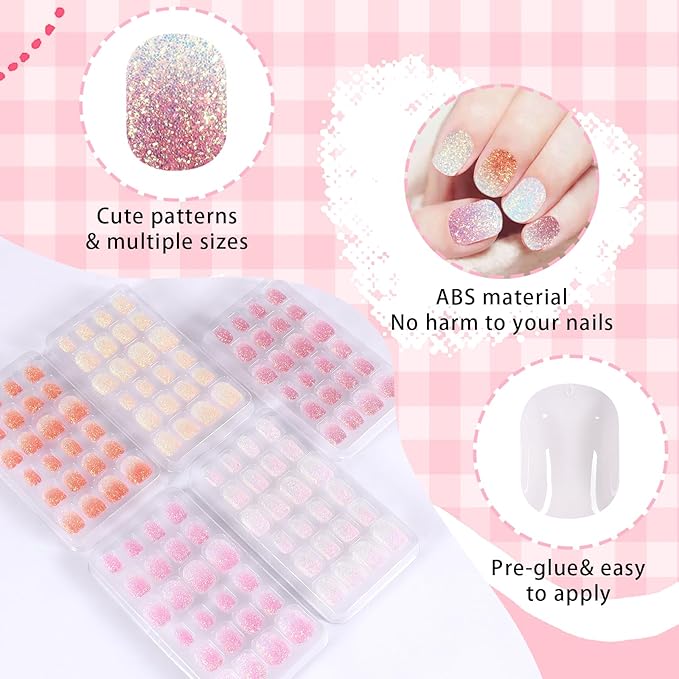 SIUSIO 120Pcs 5 Pack Press on Nails kids Children Acrylic Fake Nails Cute Pre-glue Full Cover Gradient Color Rainbow Short Stick On False Nail Art Kits Set for Kids Little Girls - Colorful Glitter