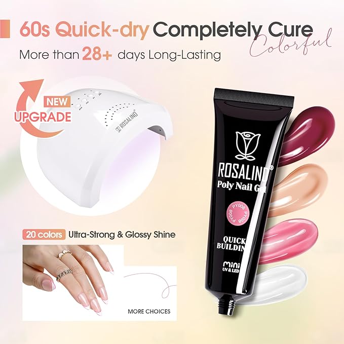 ROSALIND 20PCS Poly Nail Gel Kit with Nail Lamp White Brown Poly Nails Gel Kit Clear Nude Nail Extensions Gel Set With UV Lamp
