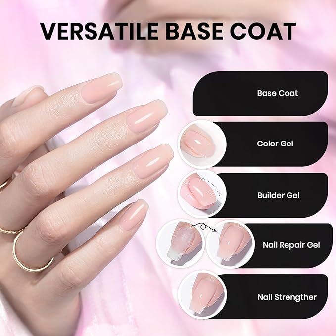 RARJSM Nude Bubble Pink Fiber Glass Rubber Base Gel Nail Polish for Repair Broken Nails StrengthenerGel Base Coat Transparent Brush on Building Gel in a Bottle Soak Off UV LED Curing Requires 15ml