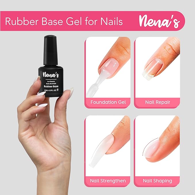 Nena's Elastic Rubber Base Coat Set - 15 mL / 0.5 fl oz Bottle + 120 mL / 4 oz Refill | UV/LED Curable Correcting Base with Enhanced Adhesion, Soak Off Formula for Professional Nails