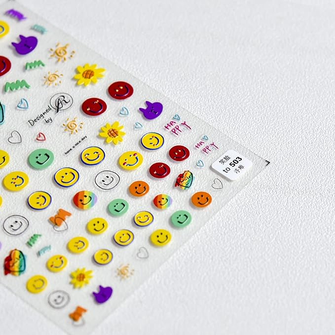 New 5D Stereoscopic Embossed Love Face Colorful Nail Decals Self-Adhesive Nail Decals DIY Healing Sadness Nail Art Decoration Sticker (3 Sheets)