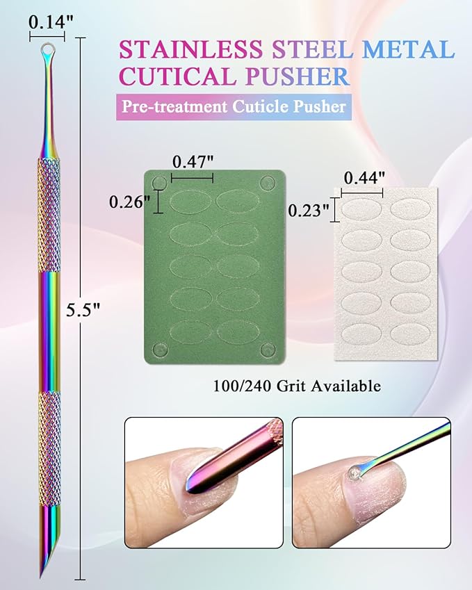 Dual Ended Cuticle Remover, Pre-treatment Cuticle Pusher with Loop Cuticle Pusher Removing, Stainless Steel Cuticle Nail Tool with 100#/240# Grit Nail Files and 1p Storage Bags, For Salon & Home Use