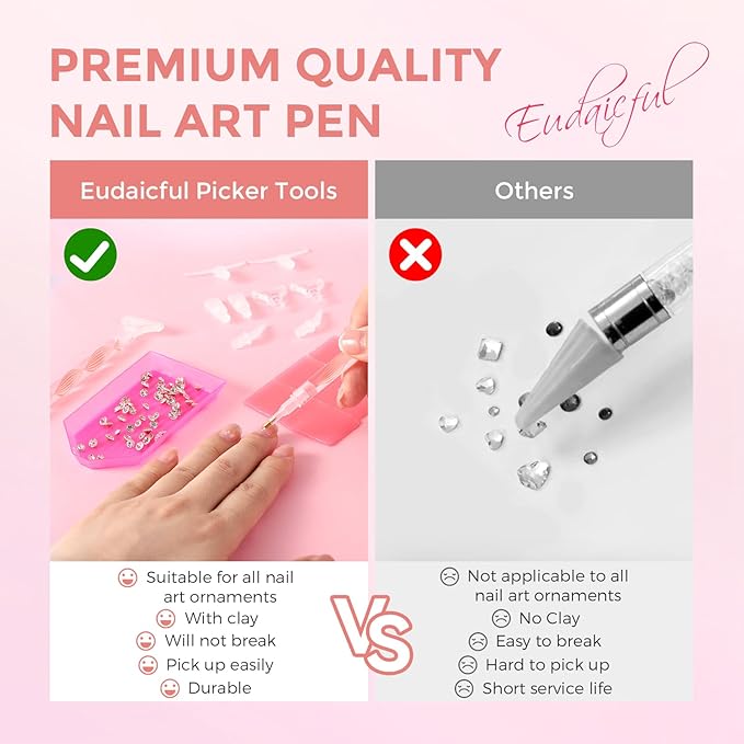 Rhinestone Picker Tool Kit: 2Pcs Rhinestone Picker Handle, Dual-Ended Rhinestones Applicator Dotting Pen with 12 Upgraded Plastic Replacement Tips, Clay, Bedazzling Tools for Nail Art Craft (Pink)