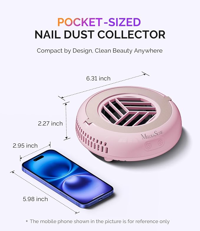 MelodySusie PocketSized Nail Dust Collector with Lightweight Design,HProA 6000RPM Ultra-Small Nail Vacuum Fan with 3 Suction Modes and 30 Disposable Filter Papers for Beginner & Daily Nail Care,Pink