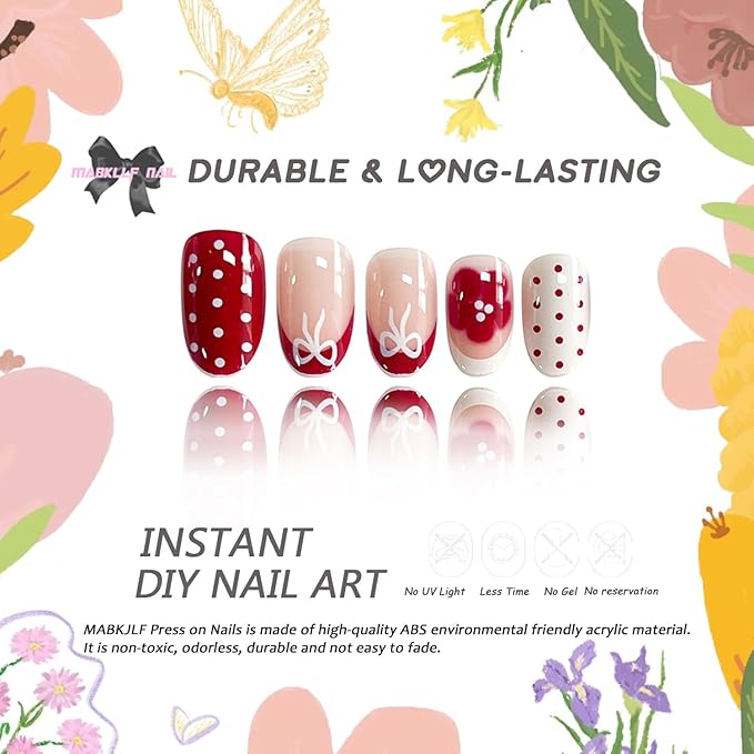 Press on Nails Short Oval MABKJLF French Tip Fake Nails Flower False Nails with Polka Dots Floral Designs Pink&White Glossy Glue on Nail Spring Summer Acrylic Nails for Women Girls 24Pcs