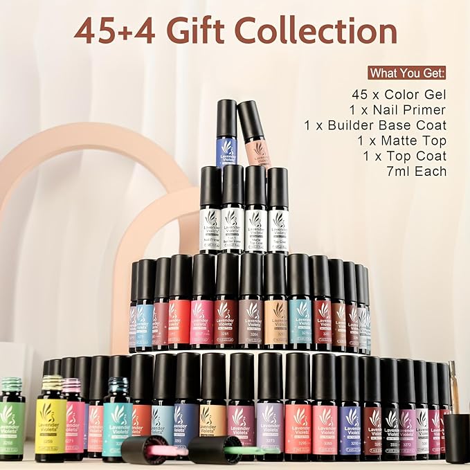 Lavender Violets 49 Pcs Gel Nail Polish Set, 45 Colors Gel Polish U V LED with Base, Glossy & Matte Top Coat for Nail Art Designs A907