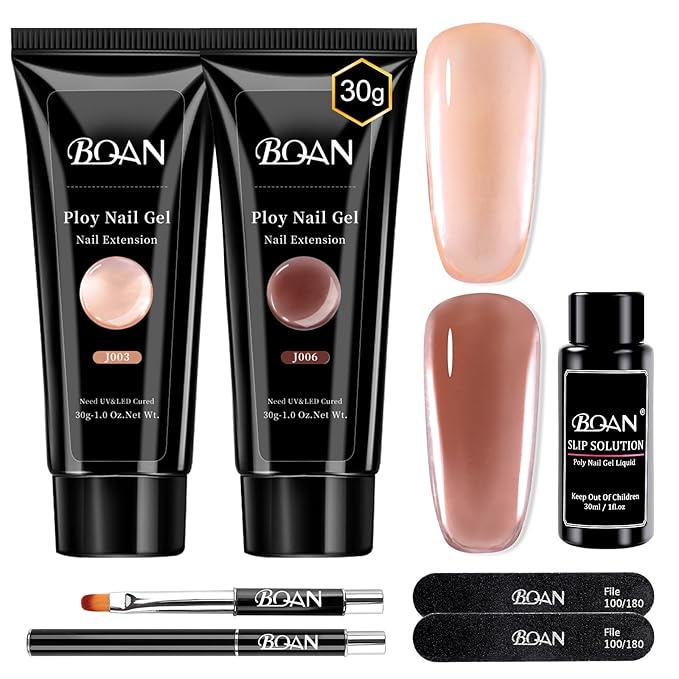 BQAN Poly Nail Gel, 2 Jelly Colors Poly Extension Gel (30ml) with Slip Solution & Brush | Non-Lifting Low Odor | for Nail Builder Pro Salon & Home DIY - Jelly Brown, 1 Oz/Pack (Pack of 2)