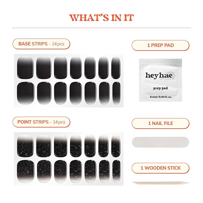 Heyhae Semi Cured Gel Nail Strips | No LED Lamp Needed | Ombre, Black | Easy Apply & Remove, Salon Quality | Includes 28 Strips, 1 Prep Pads, Nail File & Wooden Stick - Hey, Text Me Back