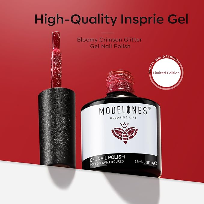 modelones Glitter Gel Nail Polish Pastel Burgundy Red Gel Nail Polish Soak-Off UV Gel Polish - 28+ Days Long-Lasting Salon-Quality Nail Art for Spring & DIY Manicure & Gift 15ML