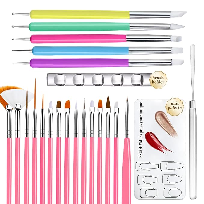 Nail Art Brushes Set with Brush Stand Nail Sculpture Pen Dotting Tools For Paint 3D Nails,Nail Design Brush for Acrylic Gel Dip Powder Nail Extensions,French Manicure,for Home Salon (Pink)