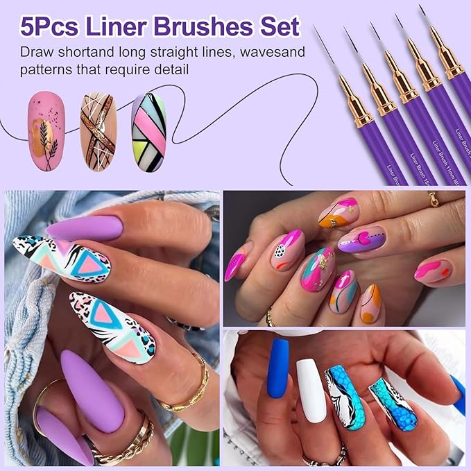 Nail Art Liner Brushes, 5Pcs Liner Brush For Nails, Painting Nail Art Brush Set Dotting Drawing Tool for Long Lines, Thin Details, UV Gel Polish Painting, Fine Drawing 7/9/11/15/25mm(Purple)