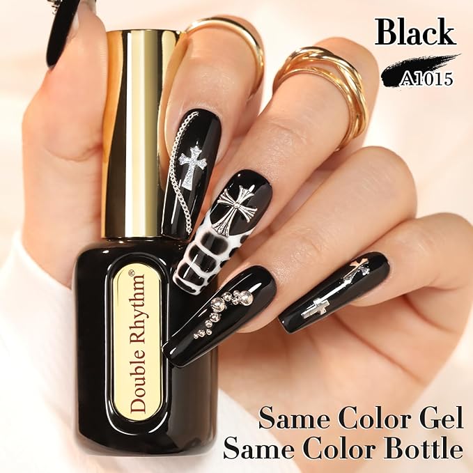 Double Rhythm 0.50 OZ Gel Polish Hema Free Same Color Same Bottle Golden Round Translucent Neutral Natural Milky 15 ML Jelly UV Polish Art DIY at Home (Black-C1015)