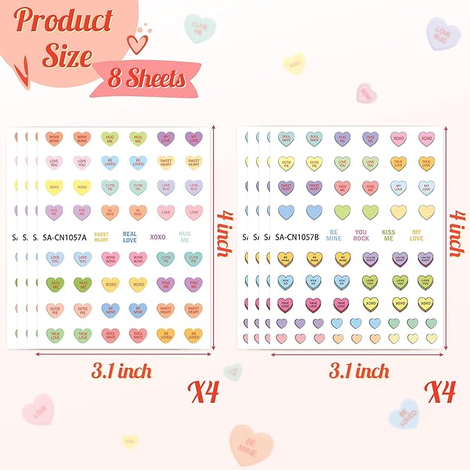 CNhoqc 8 Sheets Valentine’s Day Conversation Heart Candy Color Nail Sticker, Valentine’s Theme Colorful Nail Sticker with Sweet Words Hug Me Be Mine Cute Nail Decals for Girls DIY Manicure Supplies