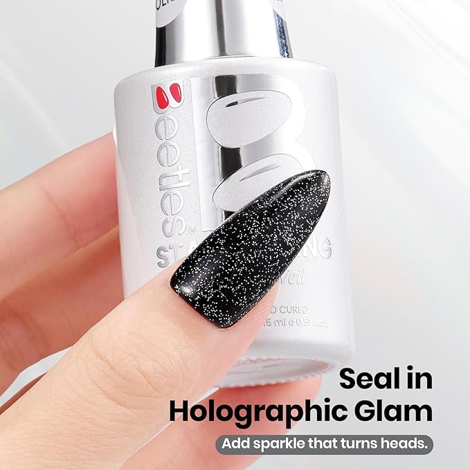 Beetles Gel Polish Glitter Top Coat 15ml, Stay Shining No Wipe Reflective Silver Mix Glitter Shiny Clear Gel Nail Polish Long Lasting High Gloss UV Lamp Nail Art Design Manicure Gifts for Women