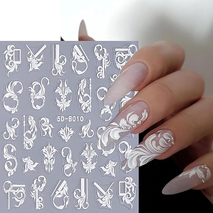2 Sheets Embossed Flowers Nail Art Stickers Self-Adhesive White Vine Pattern Nail Supplies 5D Flower Nail Stickers for Nail Art Spring Floral Nail Decals for Women Girls DIY Nail Decoration