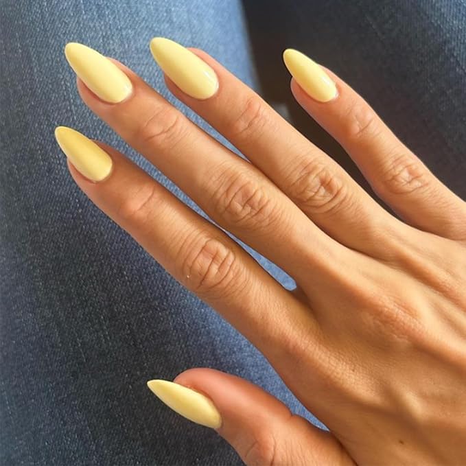 Modelones Yellow Press on Nails Almond, Easter Spring Neon Short Fake Nails, Reusable Nail Kit with Nail Glue Adhesive Tabs Mini Nail File, Nails Press Ons 32Pcs 16 Sizes, Women Girl Gift ﻿