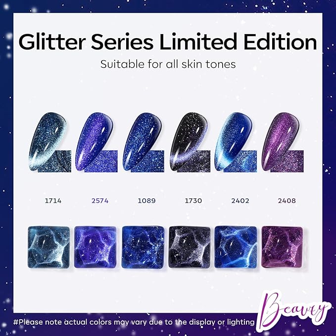 modelones Cat Eye Gel Nail Polish 6 Colors Winter Black Blue Purple Glitter Gel Nail Polish Dark Blue Chameleon Sparkle Shimmer Polish with Magnet Soak Off Led Nail Art DIY Salon Gifts For Women