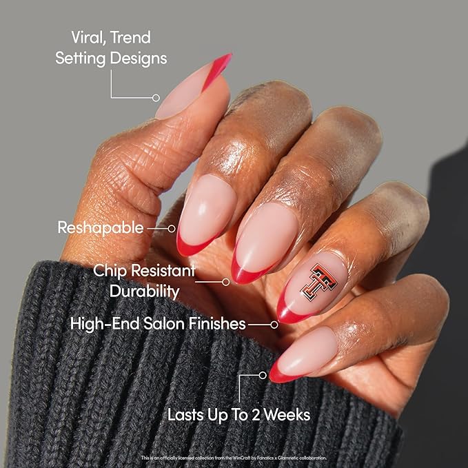 Glamnetic x Fanatics Press On Nails - Texas Tech Red Raiders | Short Almond Fake Nails, Collegiate Raiders Scarlet French Tips, College Nails, Salon-Quality | 15 Sizes - 30 Nail Kit with Glue