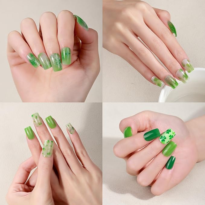4 Sheets St. Patrick 's Day Gel Nail Stickers Irish Lucky Shamrock Nail Wraps Stickers Green Glitter French Nail Polish Strips Full Wrap Nail Strips Saint Patrick's Day Nails Supply for Women Manicure