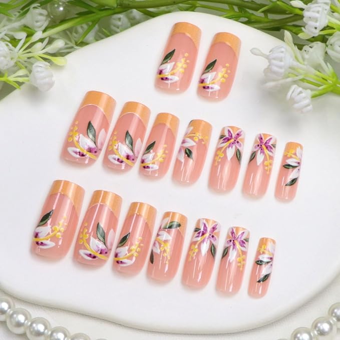 Flower Press on Nails Square Medium Long Fake Nails with Orange French Tip Floral Designs Acrylic Glossy Glue on Nails Press ons Fall Stick on Nail for Women 24 Pcs