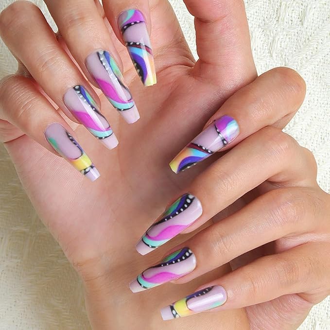 24pcs Colorful Film Long Square Press On Nails, Reusable Nail Kit with Nail Adhesive Tabs Mini Nail File, 12 Sizes (Colorful)