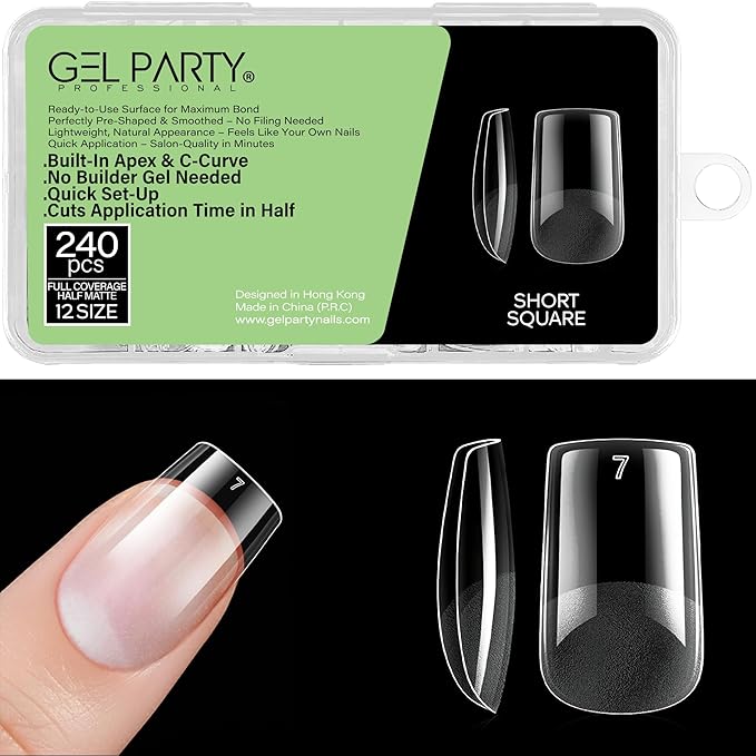 GELPARTY Soft Gel Nail Tips Short Square - 240Pcs Pre-Buffed Matte Full Cover Tips - No Filing Needed, Soak Off Gel Extension System - Clear False Nails (12 Sizes)
