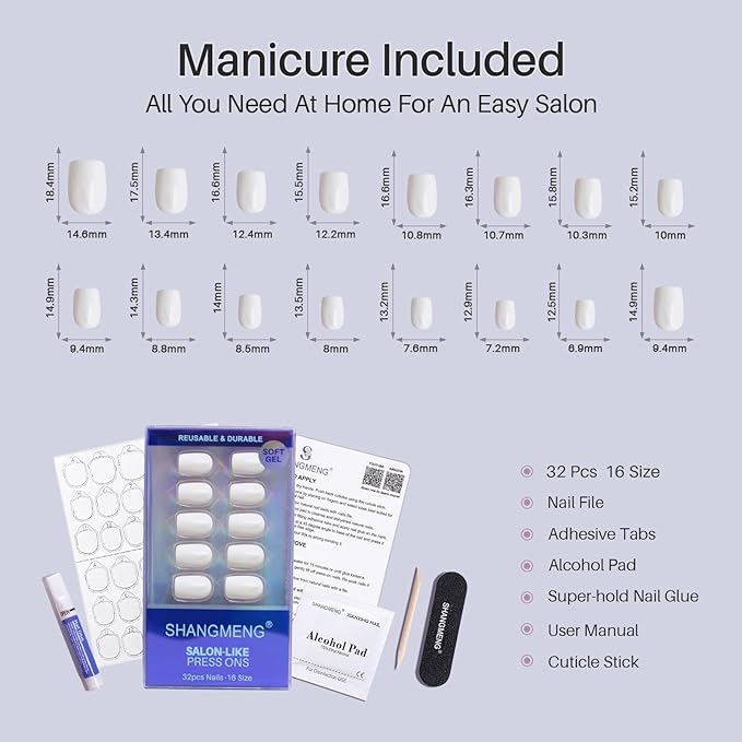 Pure White Press on Nails Short - SHANGMENG Soft Gel Square Press on Nails for Women Gift, Fit Perfectly & Natural Glue on Nails in 16 Sizes - 32 Reusable Fake Nails Kit with Glue, Classic White