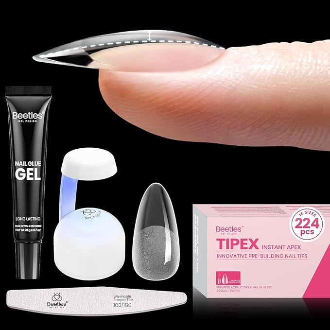 Beetles Tipex Gel Nail Kit, Medium Almond Nail Tips 224 Pcs 16 Sizes Pre-Building Pre-Etched False Nail Tips with Tipex Nail Glue, Mini Nail Lamp Thick Acrylic Nail Set