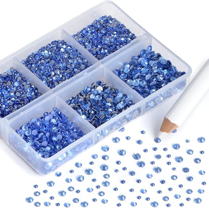 NCB Hotfix Iron on 8000pcs Crystal Rhinestones Round Gem for Crafts Decoration DIY Jewelry Making with a Picking Pen (Lt. Sapphire, 6Sizes SS3-SS12)