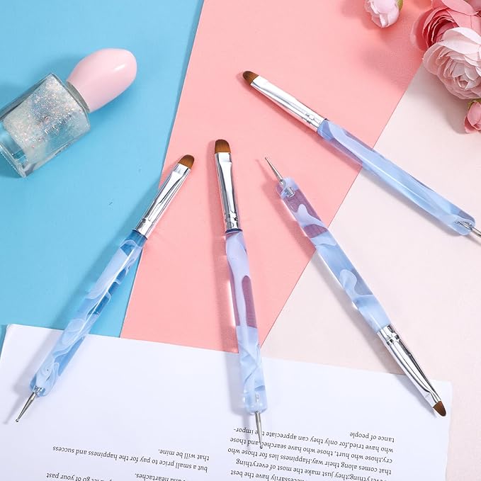 4pcs French Gel Nail Art Brush Acrylic Two Way Nail Art Brush with Dotting Professional Manicure Tool for Manicure Cuticle Clean up Detailed Designs Nails Dotting Pen (10#, 12#, 14#, 16#)