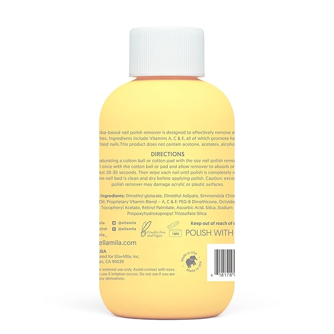ella+mila Jojoba Nail Polish Remover - Non-Acetone, Non-Toxic Fingernail Polish Remover for Natural Nails - Vegan, Gentle Formula with Jojoba Oil & Vitamins A, C, E (4 fl oz)