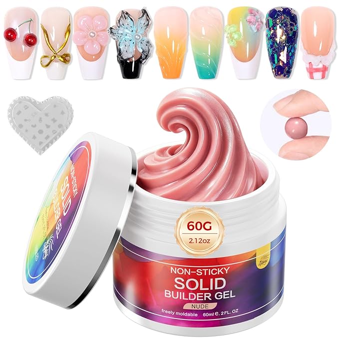 60g Solid Builder Nail Gel with 3D Sculpting Mold, Non-Sticky Hand Carving Gel for Nail Art Extension - Hard Gel for DIY & Salon, UV/LED Cured, Large Capacity (Nude)