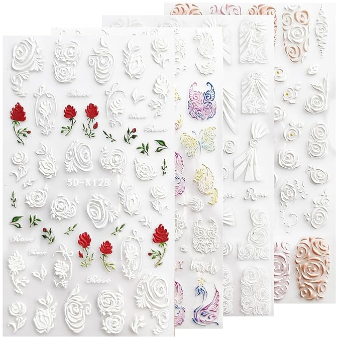 French Pattern Roses White 5D Embossed Nail Stickers, Romantic Rose Nail Decals for Women & Men - Self-Adhesive Nail Supplies