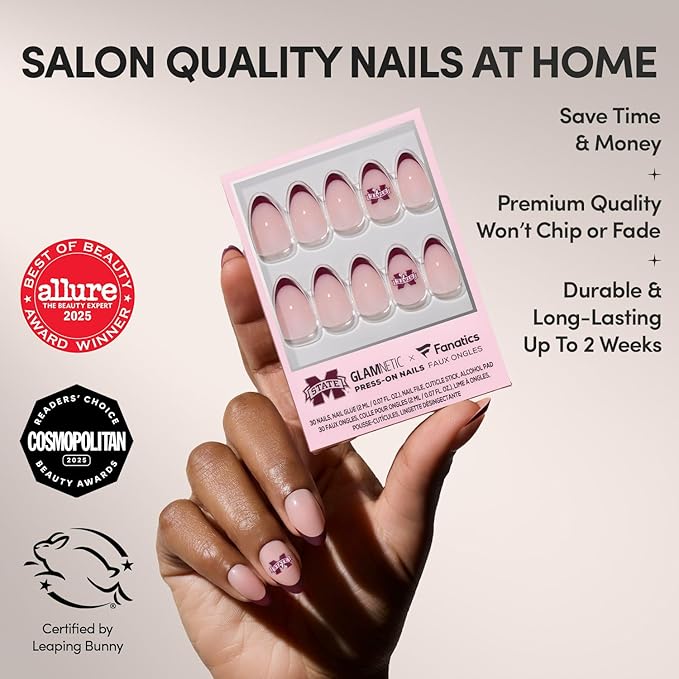 Glamnetic x Fanatics Press On Nails - Mississippi State Bulldogs | Short Almond Fake Nails, Collegiate Bulldogs Maroon French Tips, College Nails, Salon-Quality | 15 Sizes - 30 Nail Kit with Glue