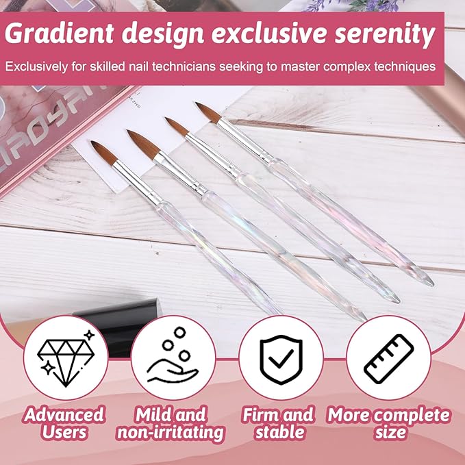 4Pcs Acrylic Nail Brush Set Size 8/10/12/16 Professional Nail Brushes for Nail Extension Nail Art Manicure Tool for Beginner & Professional