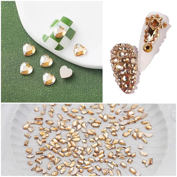 2052Pcs Golden Rhinestones for Nails 72pcs Multi Shapes Crystal Flatback Champagne gold Rhinestones Gems +1980pcs Round Beads Glass Stones Diamonds Jewels w Wax Pen for Faces Eyes Makeup Crafts